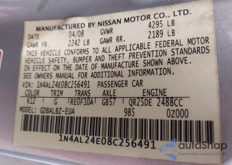 2008 Nissan Altima 2.5 S из США, поврежденный, VIN 1N4AL24E08C256491